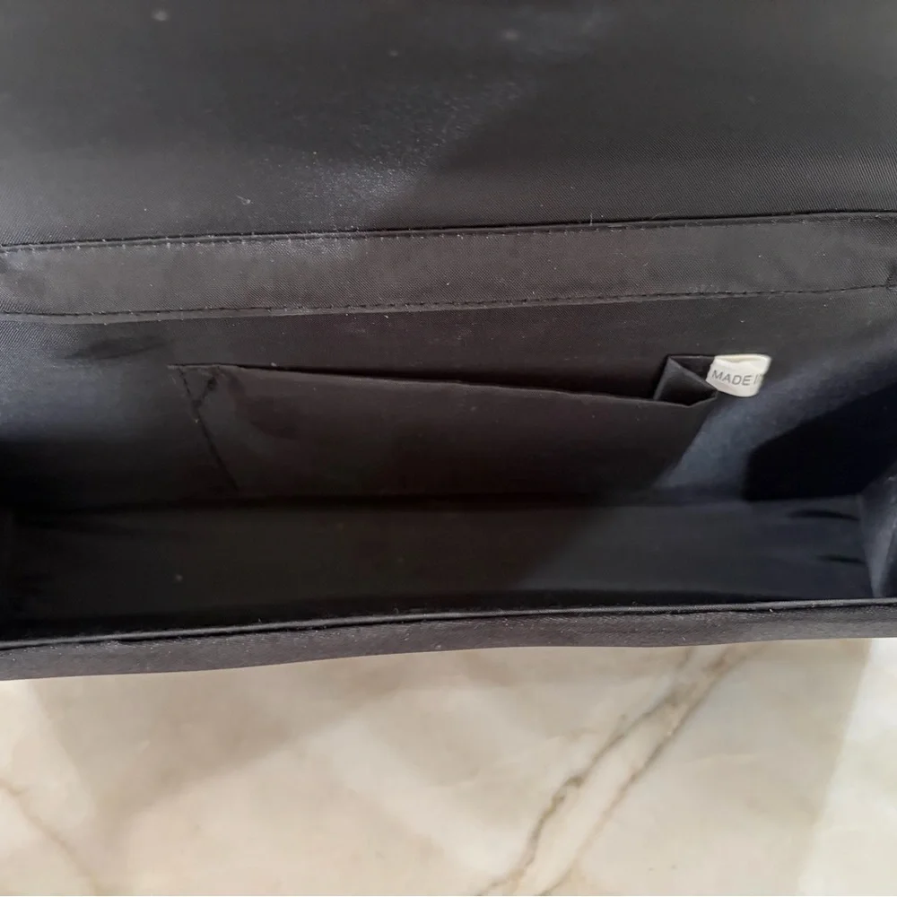 Black Pleated Evening Clutch with Gold Gem Detail